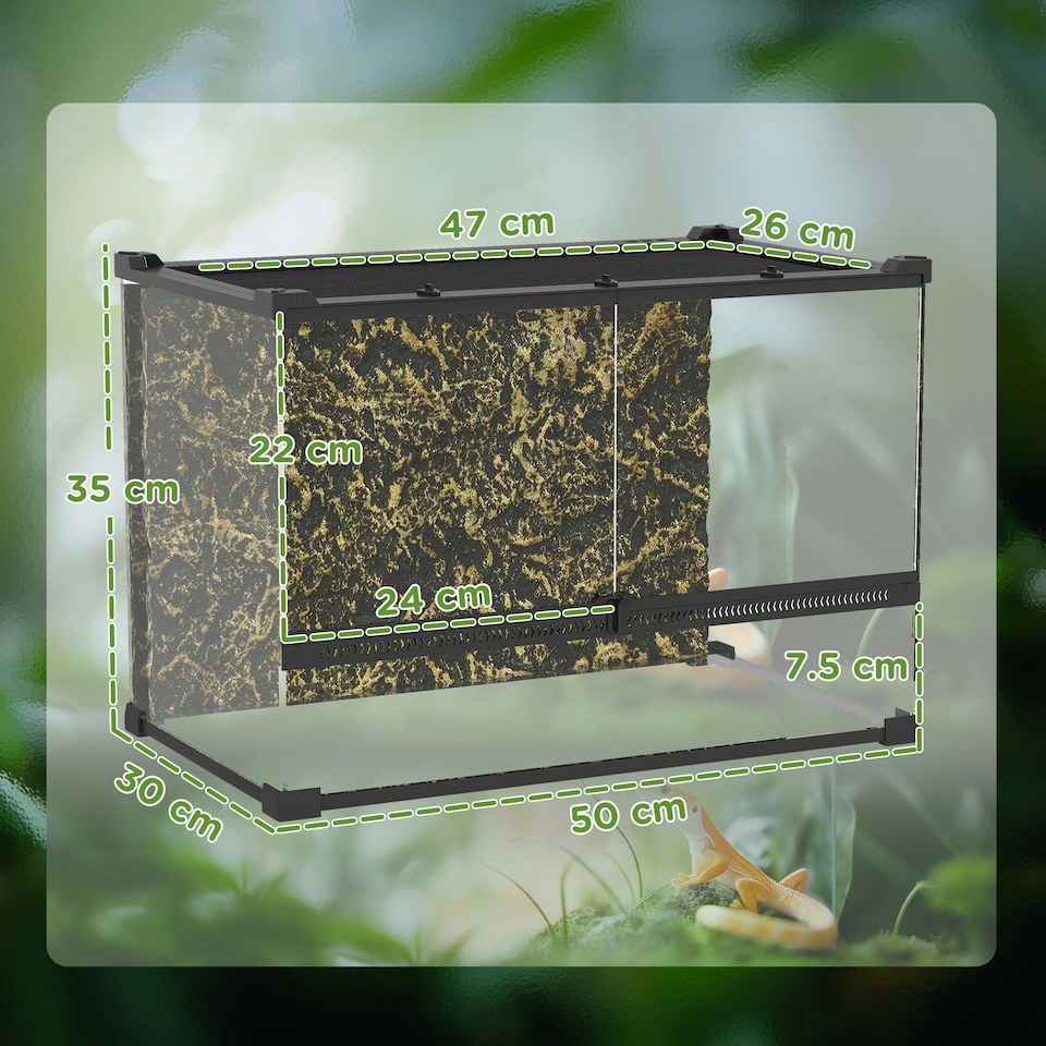 image 1 of PawHut 48L Glass Terrarium, Reptile Vivarium with Stone Background, Black