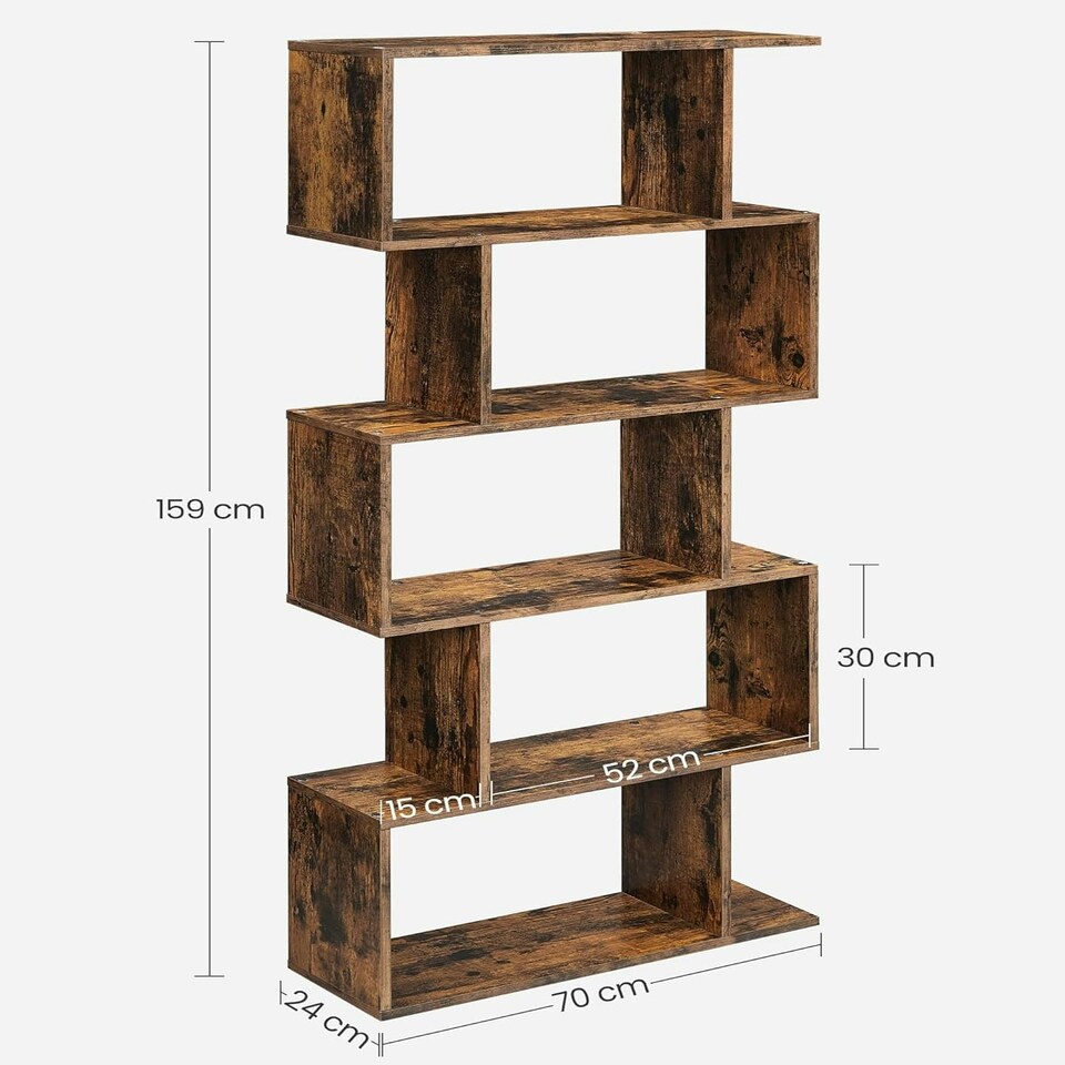 image 1 of Alivio 5 Tier Wooden S-Shaped Bookcase Living Room Modern Display Shelves Storage Brown