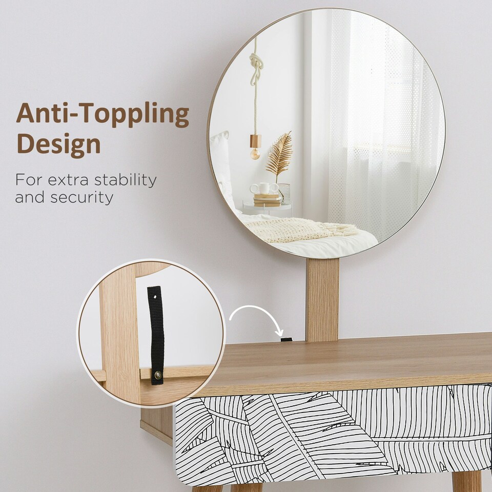 image 1 of HOMCOM Wooden Compact Dressing Table w/ Drawer Mirror 4 Legs Table Top Bedroom