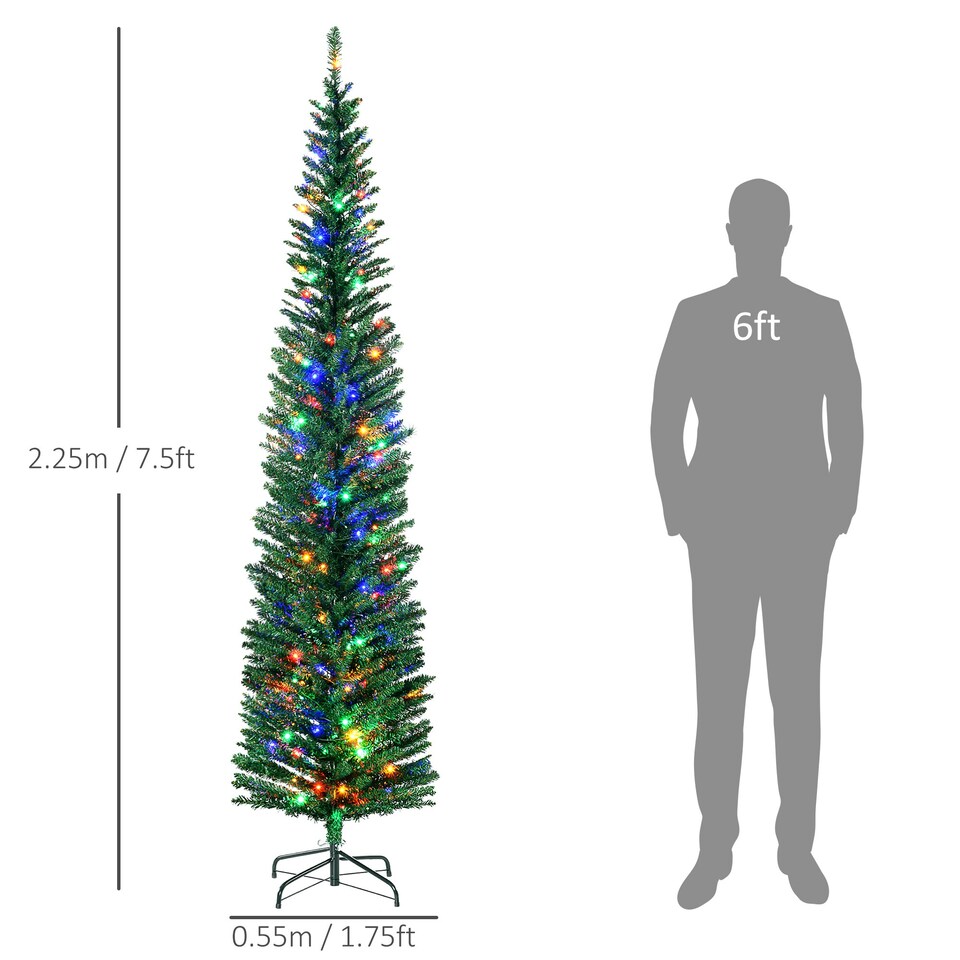 image 1 of HOMCOM 7.5ft Artificial Pencil Christmas Tree with Colourful Lights, Steel Base