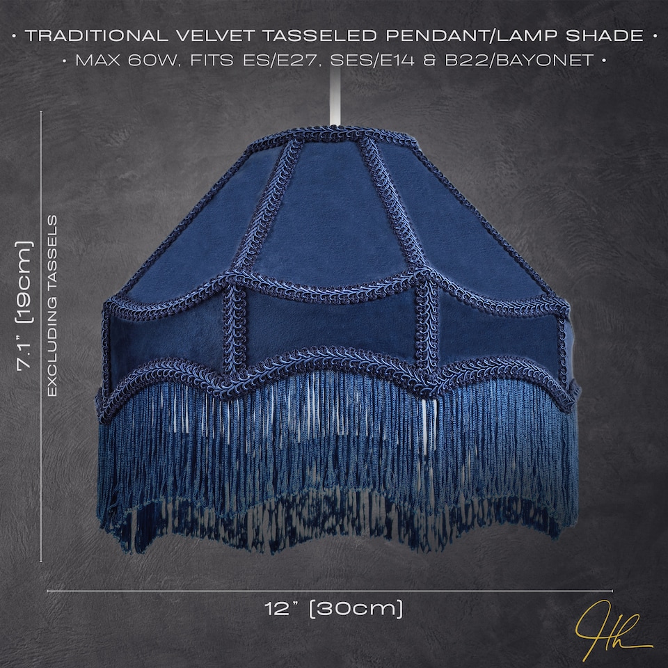 image 1 of Traditional Victorian Empire Lampshade in Midnight Blue Velvet with Tassels | Blue