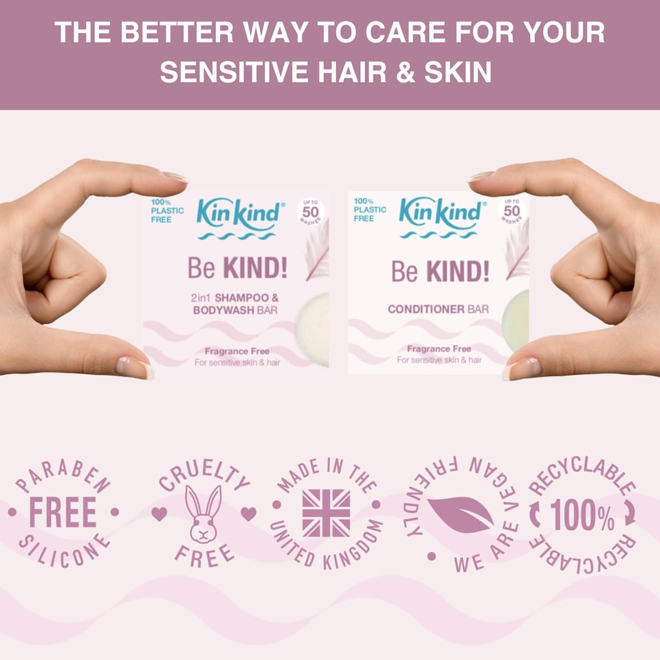 image 1 of KinKind Be KIND! Fragrance Free Natural Shampoo and Conditioner Set for Dry Scalp. Unscented Solid Shampoo bar and Hair Conditioner bar ideal for Eczema, Sensitive skin, Psoriasis & Folliculitis.