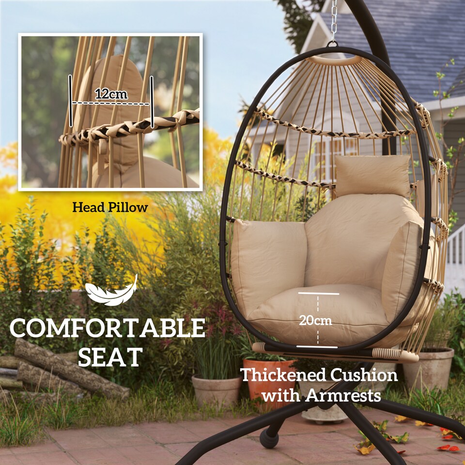 image 1 of Outsunny Egg Chair Outdoor Indoor Garden Swing Chair, Folding Basket, Khaki | Brown | Khaki cushion, brown rope, black frame | L