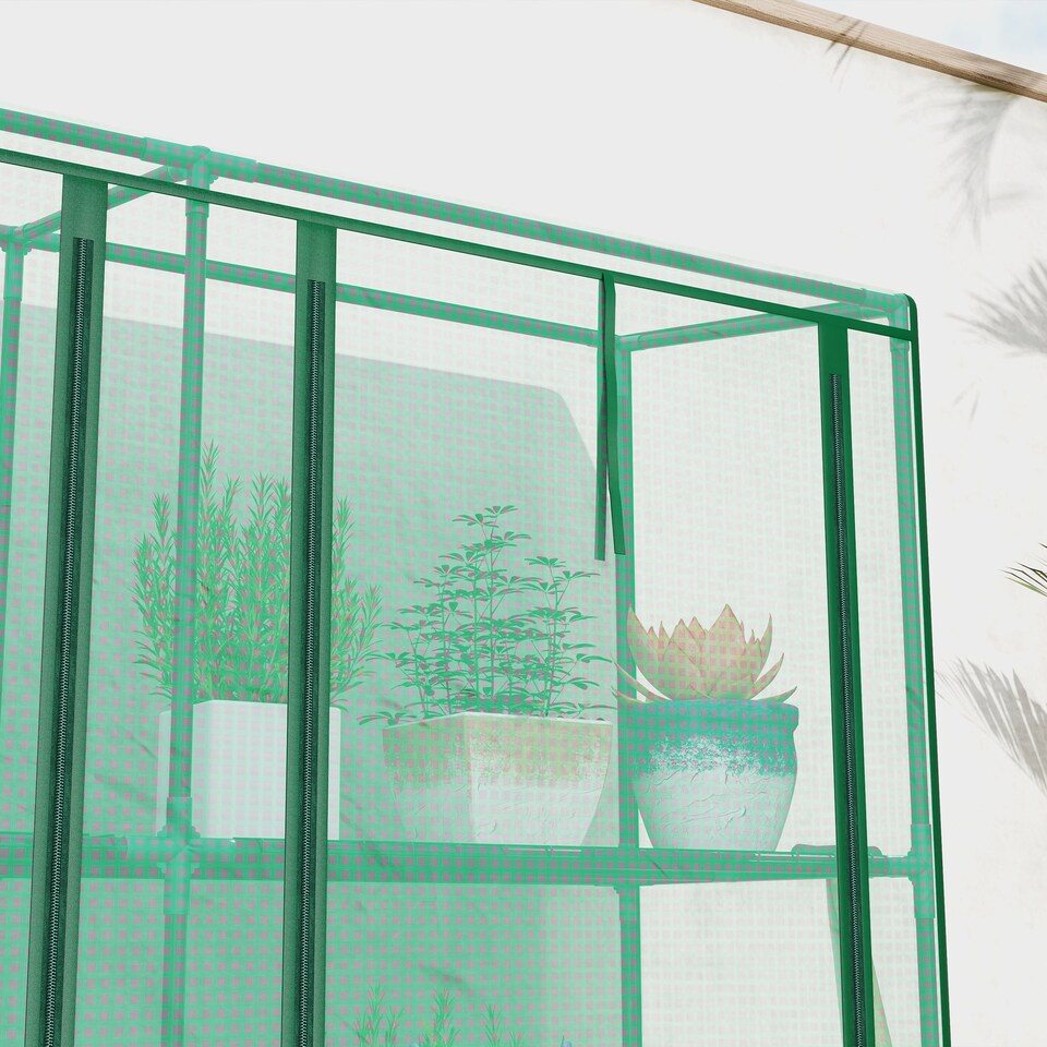image 1 of Outsunny 3 Tier Lean-to Mini Greenhouse with PE Cover, Green | Green | Green | 215L x 46W x 151H cm