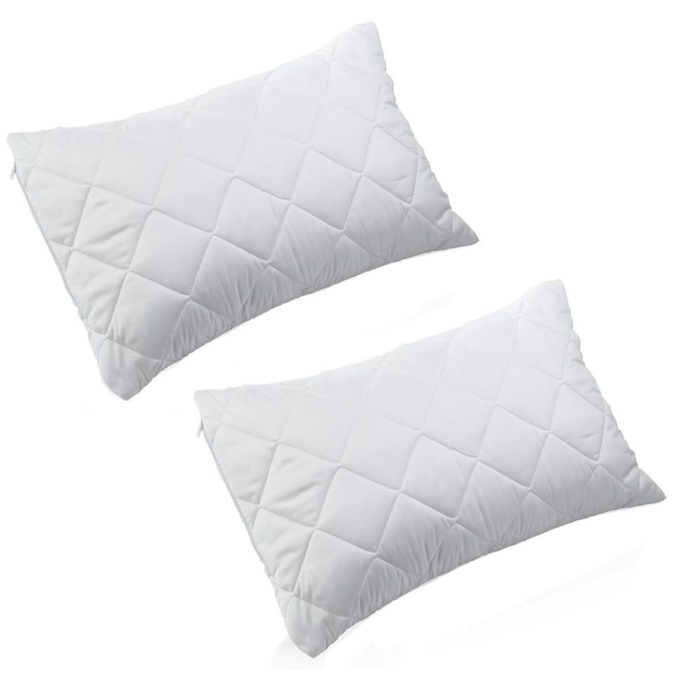 image 1 of Pair Of White Anti Allergy Zipped Pillow Protectors Quilted Pillowcase Pack Of 2 White