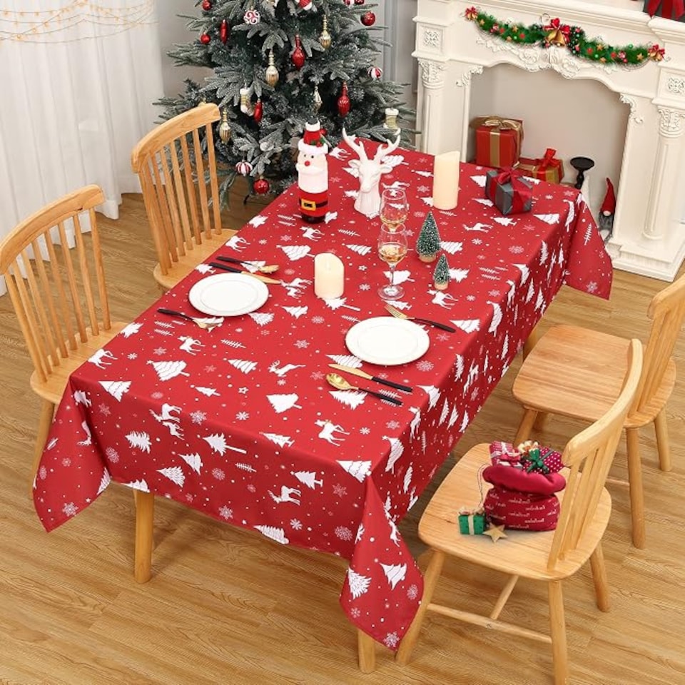 image 1 of London Boutique Christmas Tablecloth, Waterproof Washable Polyester Oxford Table Cover with Xmas Tree Reindeer Print