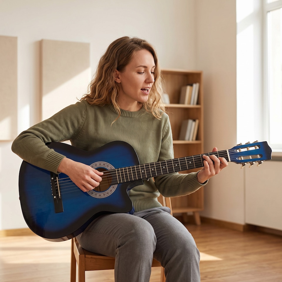 image 1 of HOMCOM Beginner Acoustic Electric Cutaway Guitar Adult Junior Guitar, Blue | Blue