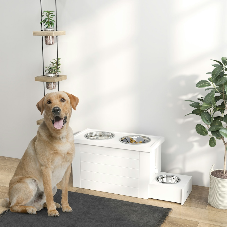 image 1 of PawHut Raised Dog Bowls with Slow Feeder Mat & Semi-Auto Dispenser Function White
