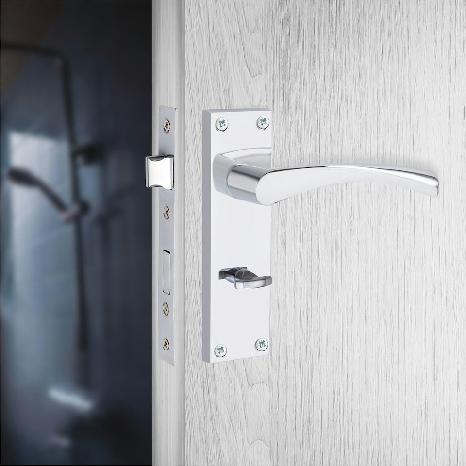 image 1 of Golden Grace Victorian Scroll Astrid Door Handles Bathroom WC Toilet in Silver Polished Chrome with (GG) 64mm Bathroom Mortise Lock - 150mm x 40mm Backplate Chrome