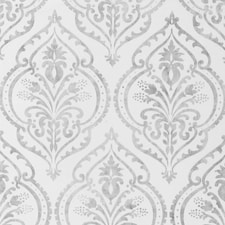 Sample of Moroccan Damask Wallpaper in White and Silver Multi