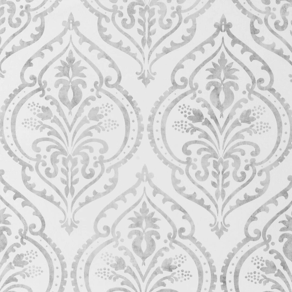 Sample of Moroccan Damask Wallpaper in White and Silver Multi