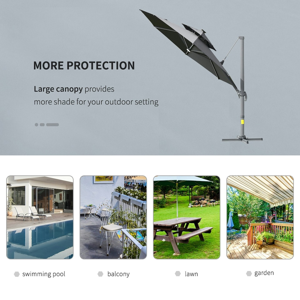 image 1 of Outsunny 3m Cantilever Parasol Solar Lights Power Bank Base 360° Spin Dark Grey