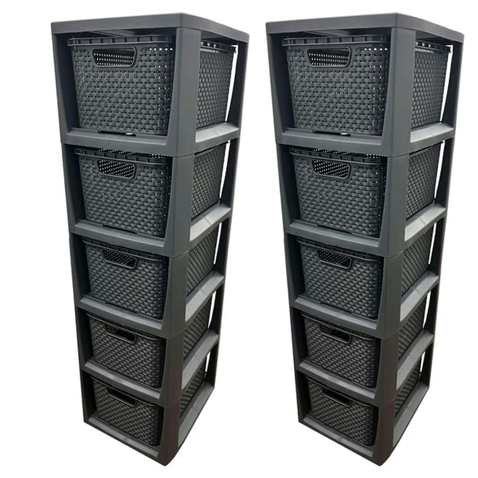 image 1 of 5 Drawer Large Spacious Rattan Effect Grey Home Office Modular Storage Tower Unit Grey