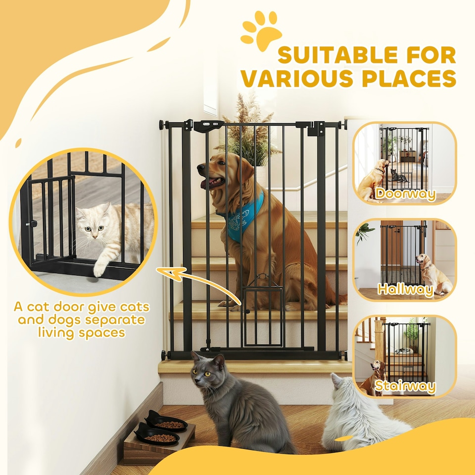 image 1 of PawHut Extra Tall Dog Gate with Cat Door Auto Close for Stairs 74-80 cm Wide