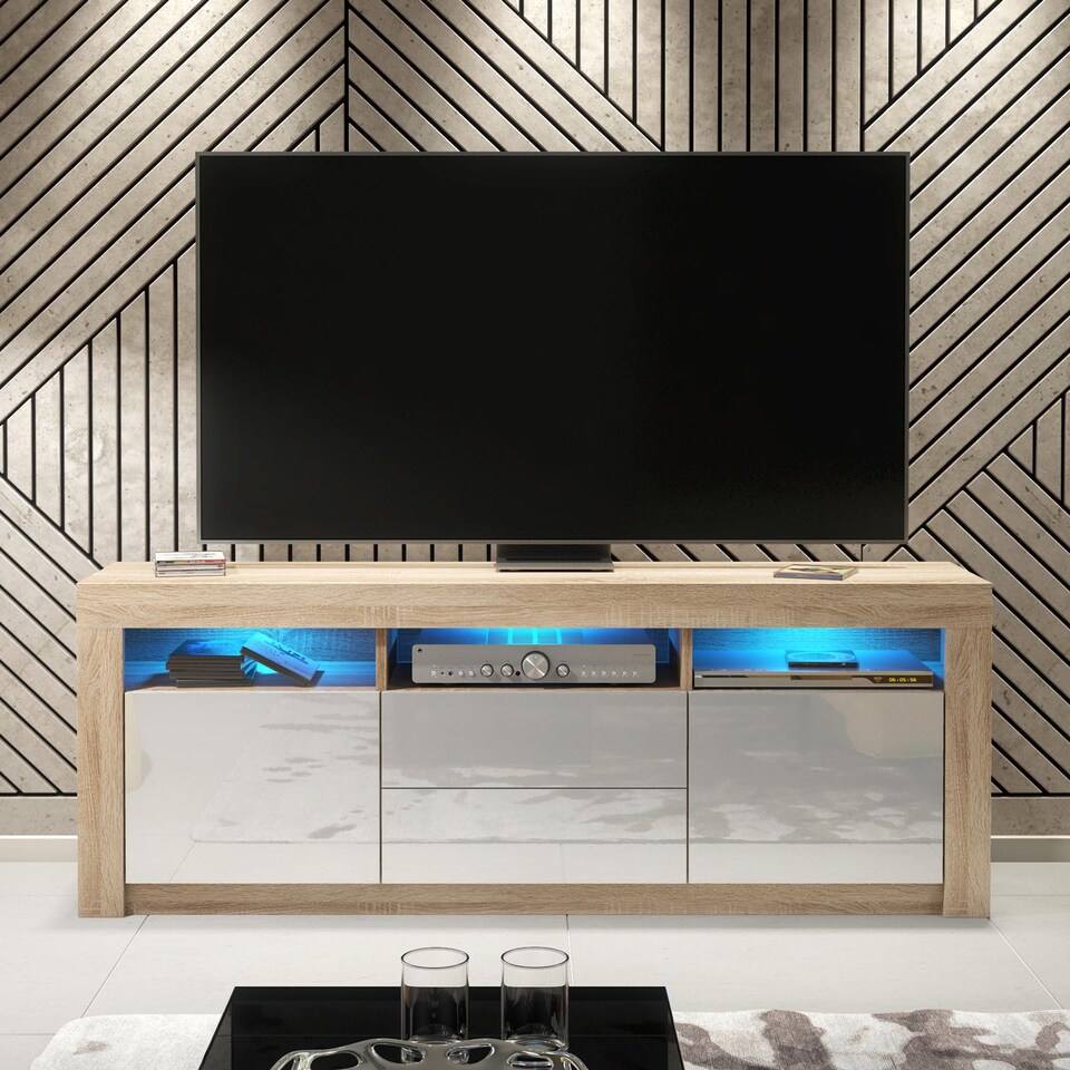 image 1 of TV Unit TV Stand Cabinet Sideboard Oak White High Gloss Doors Free LED 160cm