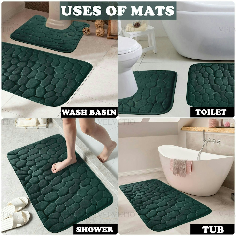 image 1 of VELVETIO 2Pc Pebble Bath Mat Set Memory Foam Bathroom Toilet Rugs Silver
