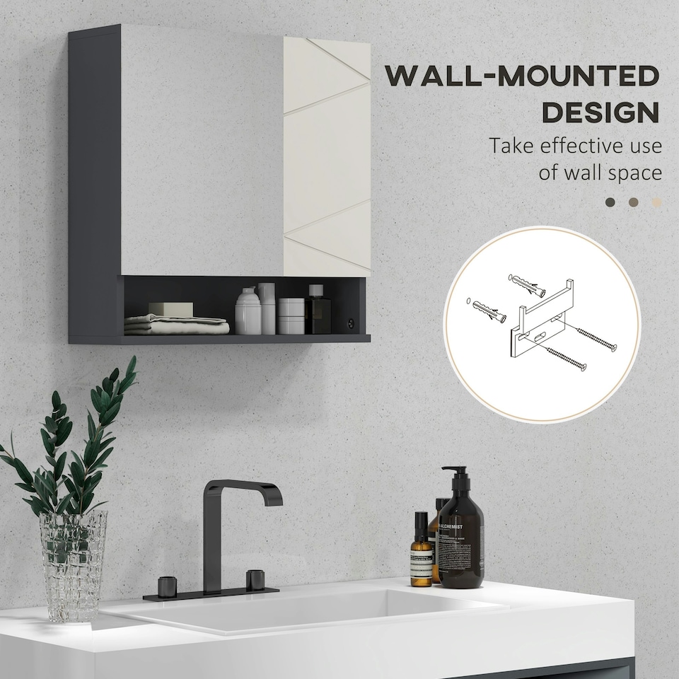 image 1 of kleankin Wall Mounted Bathroom Storage Cupboard W/ Mirror and Shelf, Light Grey