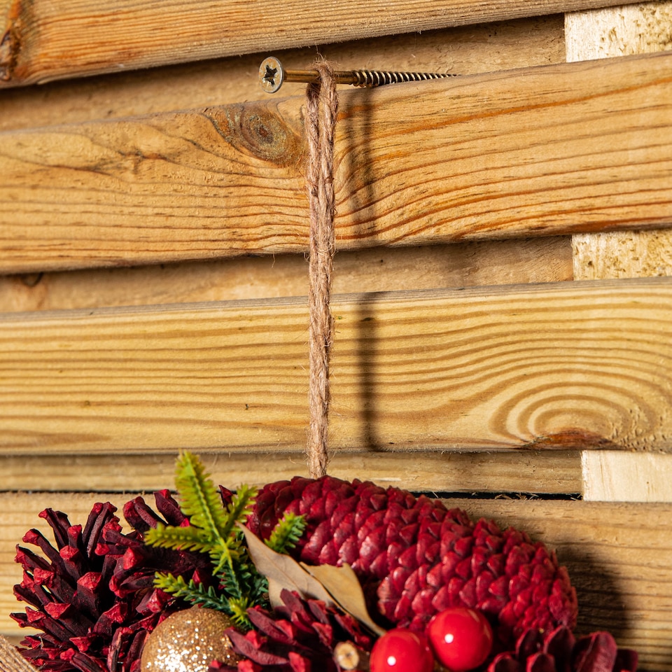 image 1 of 30cm Red Rose Hanging Christmas Wreath with Pinecones & Red Berries