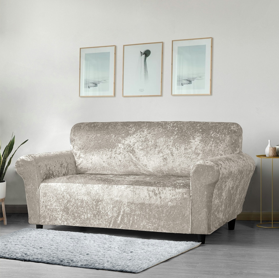 image 1 of Home Republic Crushed Velvet Luxury Stretch Sofa Slip Cover - Three Seater | Cream | Natural | 1