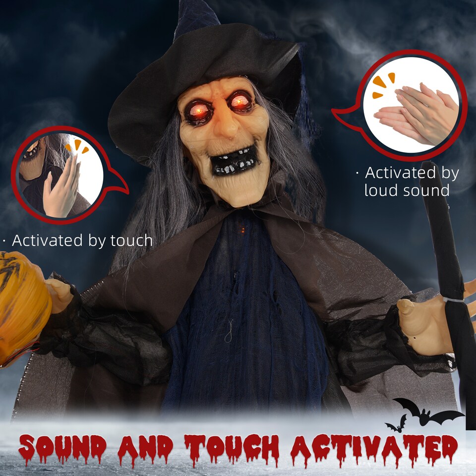 image 1 of HOMCOM 190cm 75 Witch with Broomstick Outdoor Halloween Decoration, Halloween Animatronic with Sound Activated, Light Up Eyes, Sound Effects, Animated Prop for Haunted House