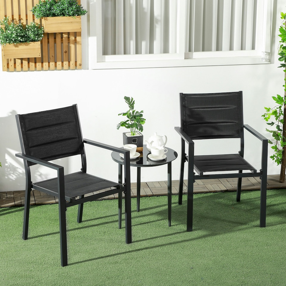 image 1 of Outsunny 2 PCs Dining Chairs, Stackable Design Aluminium Outdoor Armchairs Black