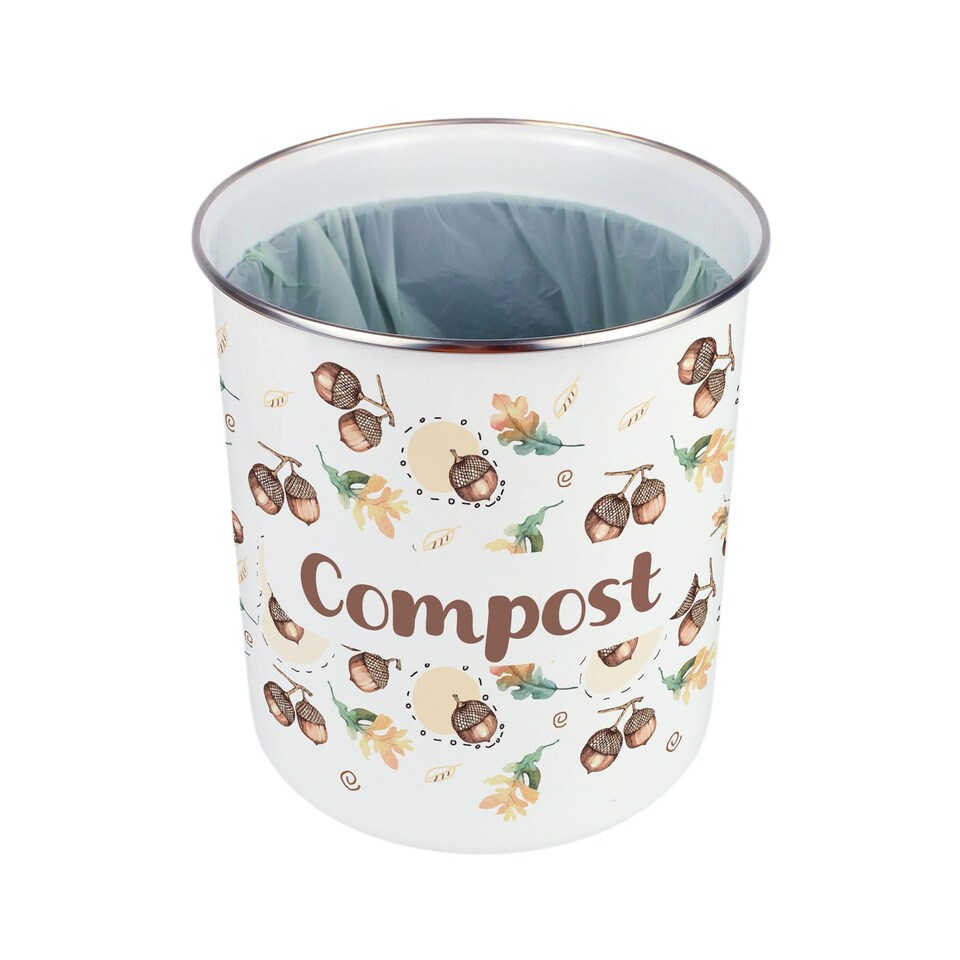 image 1 of Acorns & Oak Leaves Compost Caddy - Metal 2L Decorative Kitchen Food Waste Bin