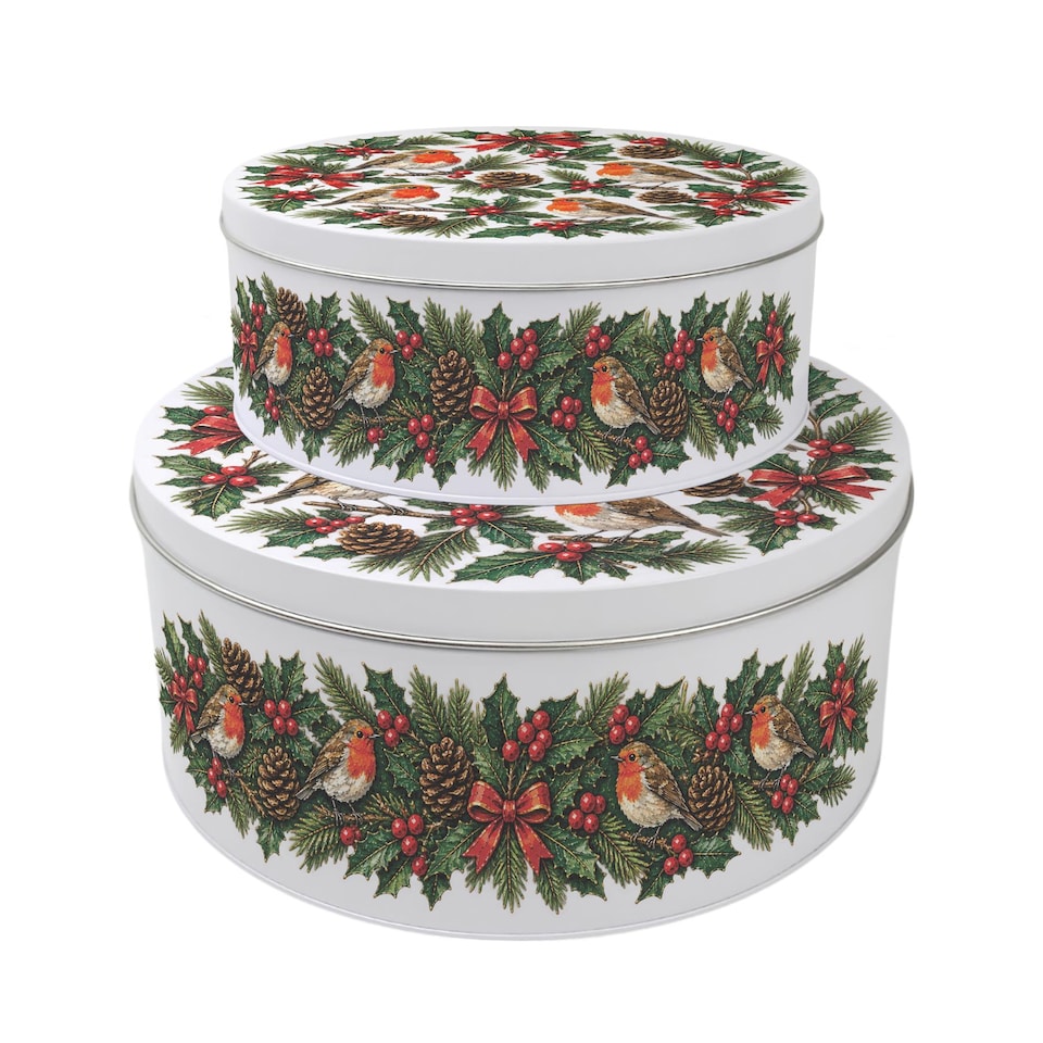 image 1 of Festive Robins Round Christmas Cake Tin Set