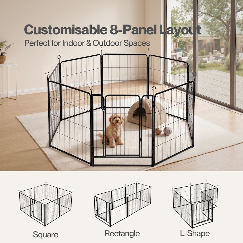 image 1 of Skylos Dog Pen 8 Panel Steel Playpen Foldable Indoor Outdoor Pet Enclosure Black