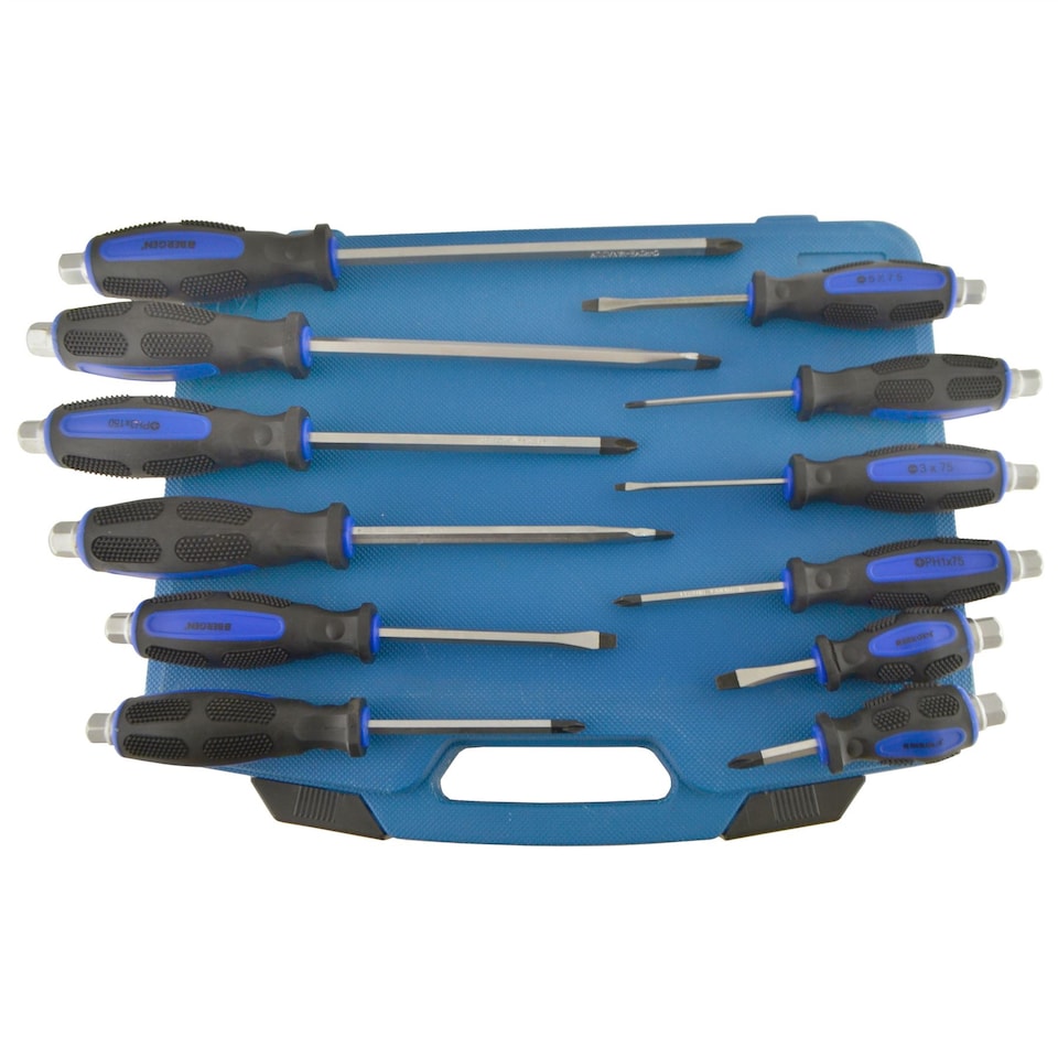 image 1 of 12pc Go Through Industrial Screwdriver Set Philips & Flat Head with Hex Shank