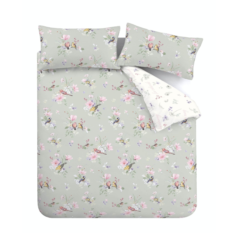 image 1 of Songbird Reversible Duvet Cover Set | Green | Sage Green | Double