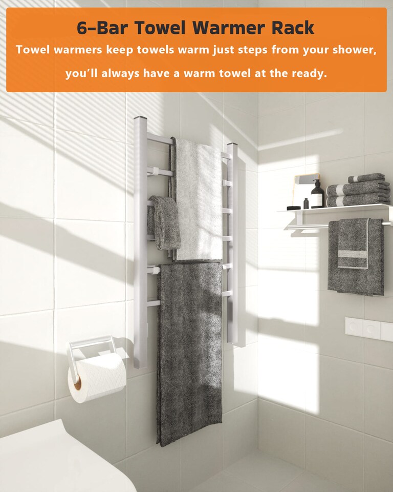 image 1 of COSTWAY 2-in-1 Bathroom Multifunctional Electric Towel Warmer w/6 Bars-Silver