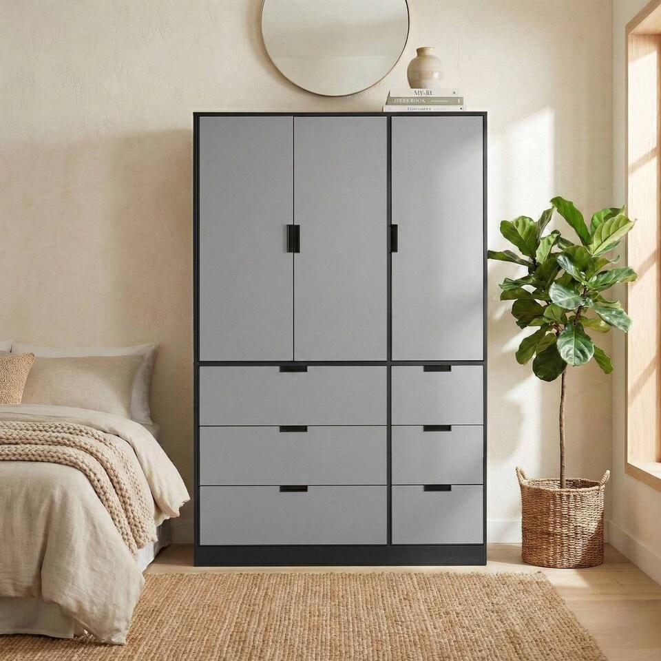 image 1 of RIGA 3 Door 6 Drawer Wardrobe | Black | Black & Grey | 10 x 44.5 x 79 | 1