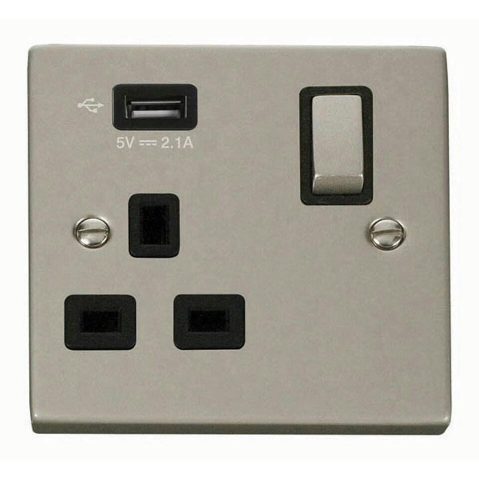 SE HOME Pearl Nickel 1 Gang 13A DP Ingot 1 USB Switched Plug Socket Black | Pearl Nickel