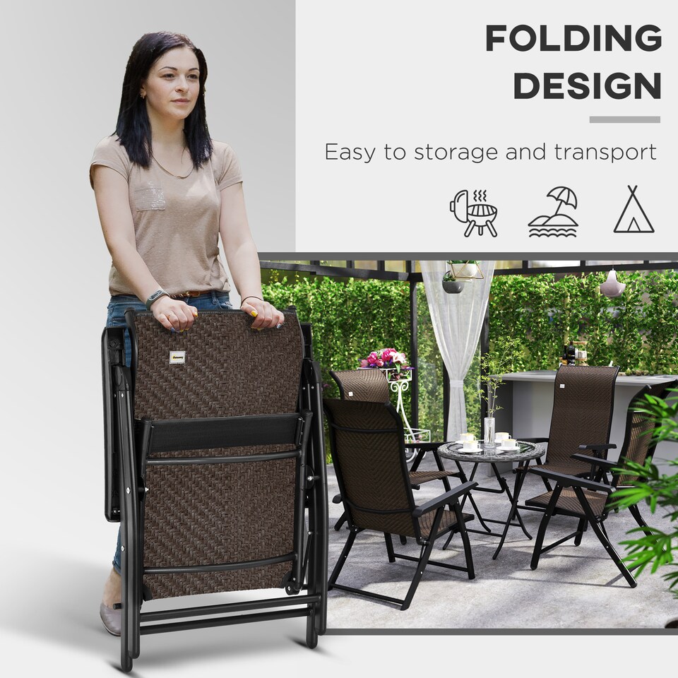 image 1 of Outsunny Set of 4 Outdoor Wicker Folding Chairs, Patio PE Rattan Dining Armrests Chair set with 7 Levels Adjustable Backrest, for Outdoors, Camping, Dark Brown