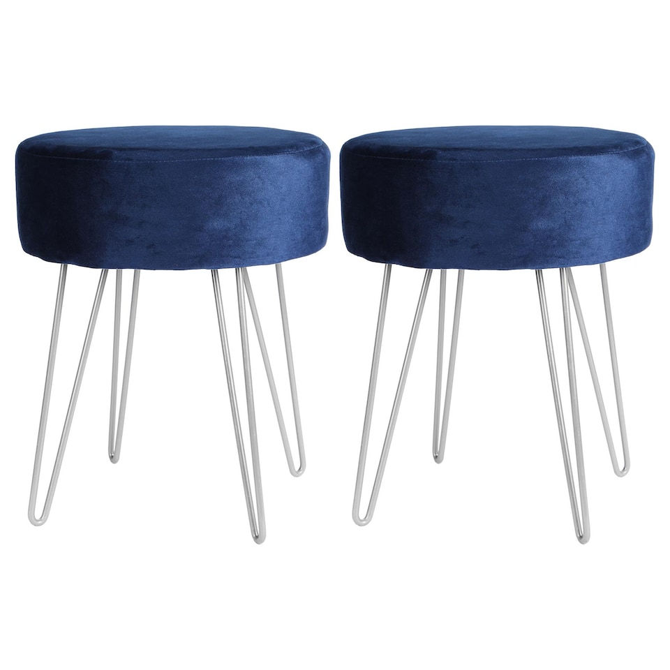 image 1 of Harbour Housewares 2x Velvet Footstools - Round Modern Dressing Table Footstool Vanity Seat Chairs - 40 x 35cm - Blue/Silver | Blue | Blue/Silver | Pack of 2 | 2