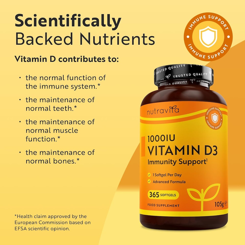 image 1 of Nutravita Vitamin D 1000 IU (25mcg) for Maintenance of Healthy Immune System, Muscles, Bones & Teeth - Vitamin D3 Cholecalciferol - 365 VIT D Softgels