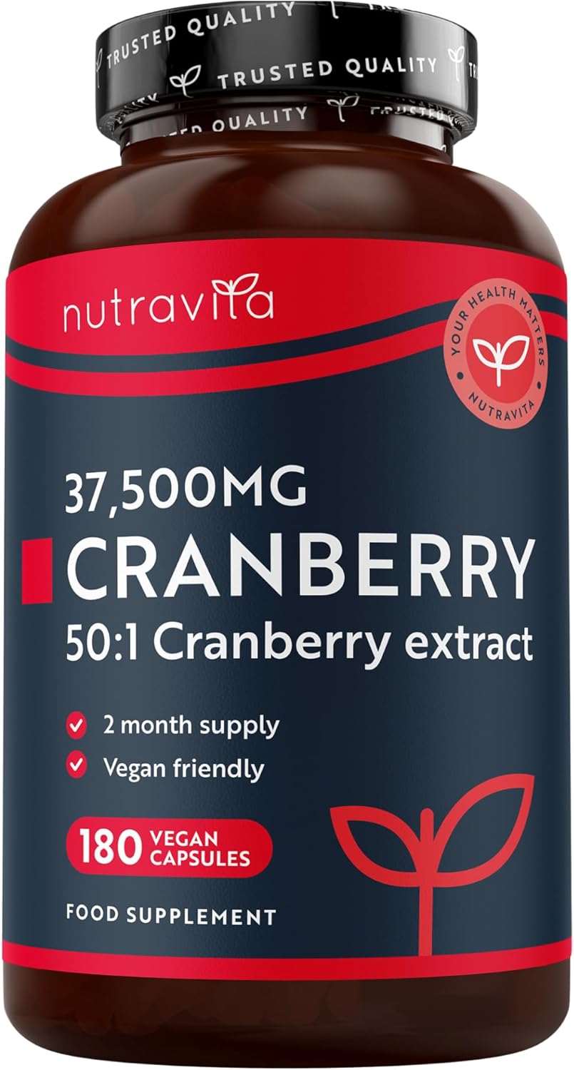Nutravita Max Strength Cranberry 37,500mg - Daily Supplement for Women - 50:1 Pure Cranberry Extract Supplement - Made in The UK - 180 Vegan Capsules