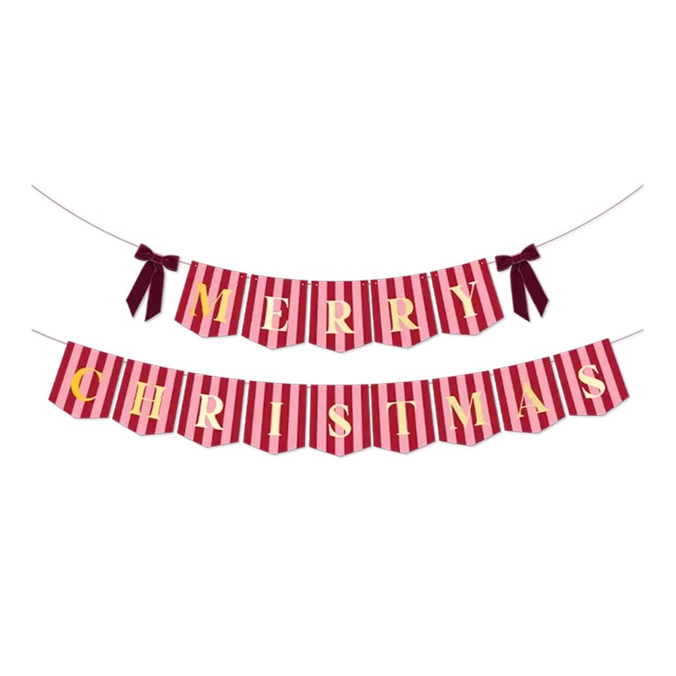 image 1 of Merry Christmas Pink & Red Stripes Banner with Burgundy Velvet Bows 2m