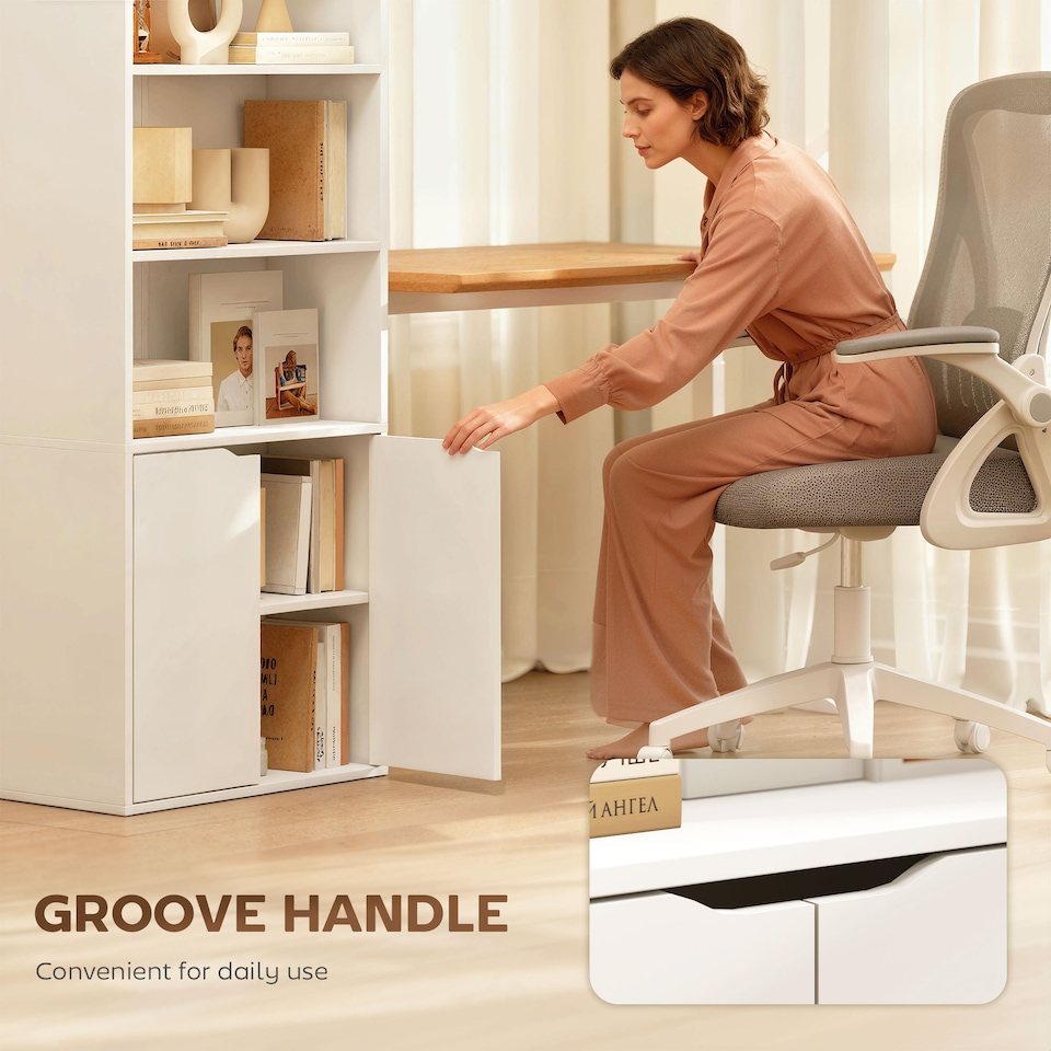 image 1 of HOMCOM 6-Tier Tall Bookcase, Bookshelf with 4 Open Shelves and Double Door Storage Cabinet, Freestanding Display Rack for Living Room, Bedroom, Home Office, Study, 59 x 29 x 180cm, White