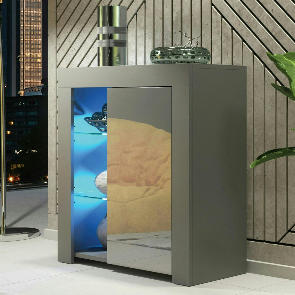 image 1 of Sideboard 75cm Grey Gloss Door Grey Matt Body Glass Shelves Free LED Grey