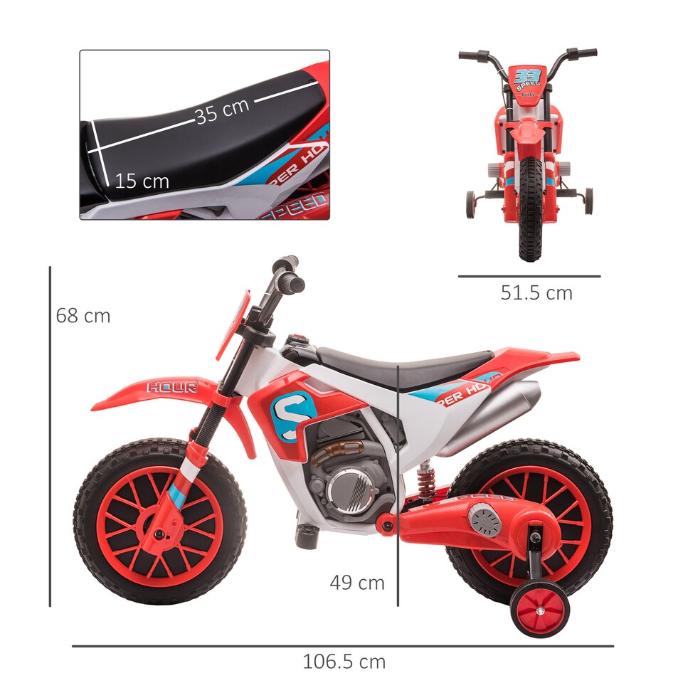 image 1 of HOMCOM Kids Electric Motorbike, 12V Battery Powered Kids Motorbike for Boys and Girls with Training Wheels, Start-up Button, Pedal, for Ages 3-5 Years - Red