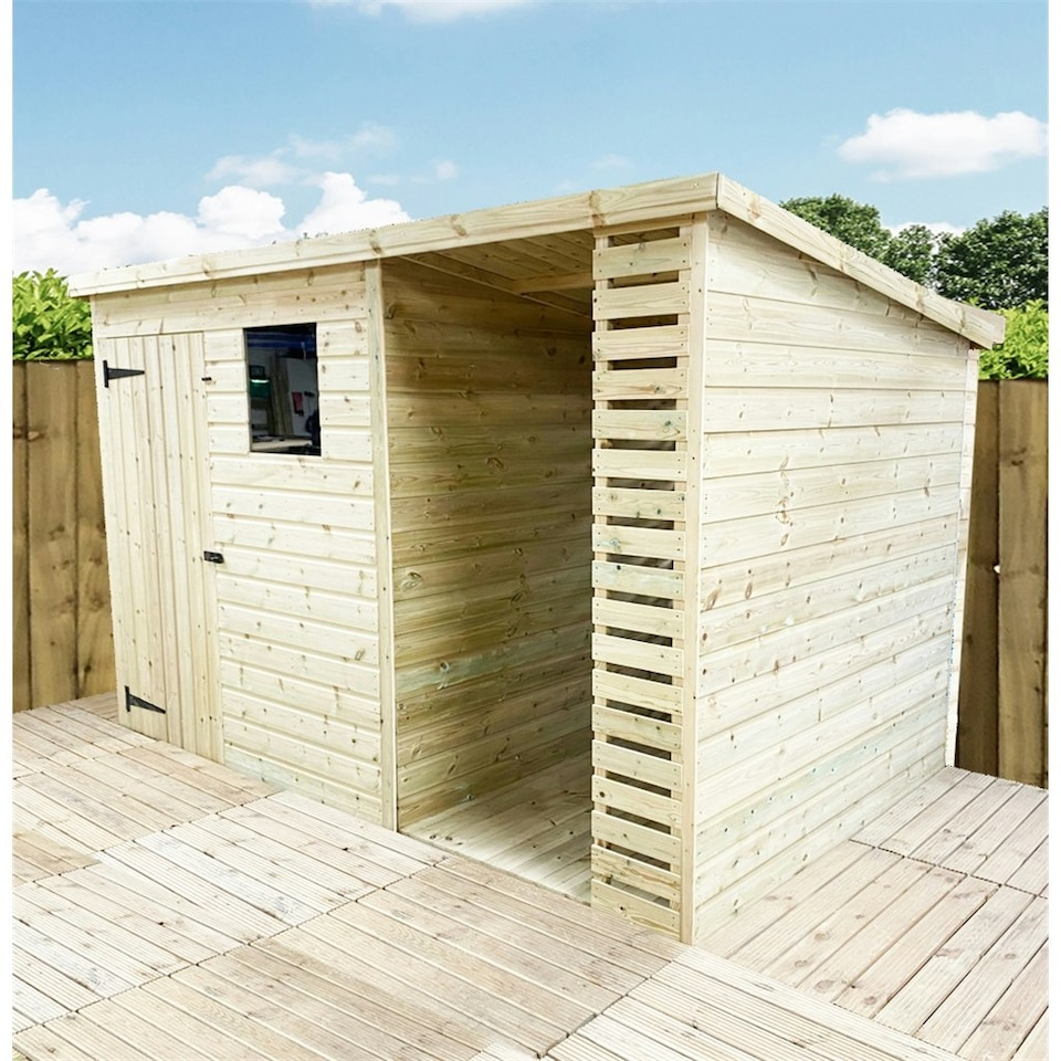 image 1 of 14 x 7 Garden Shed Pressure Treated T&G PENT Wooden Garden Shed + SIDE STORAGE + 1 Window (14' x 7' / 14ft x 7ft) (14 x 7)