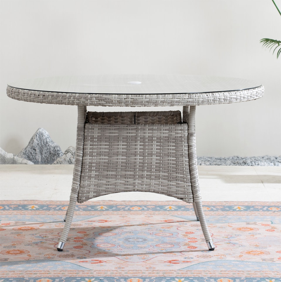image 1 of Direct Wicker Outdoor 4‑Person Rattan Round Dining Table, Aluminum Frame with Tempered Glass Top & Umbrella Hole