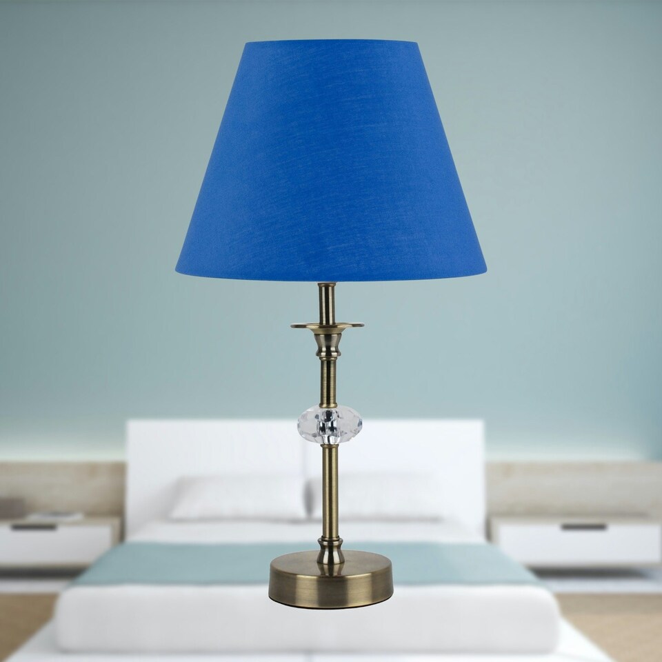 image 1 of Set of 2 Antique Brass Lamps with Facet Detail and Royal Blue Shades Bronze | Blue