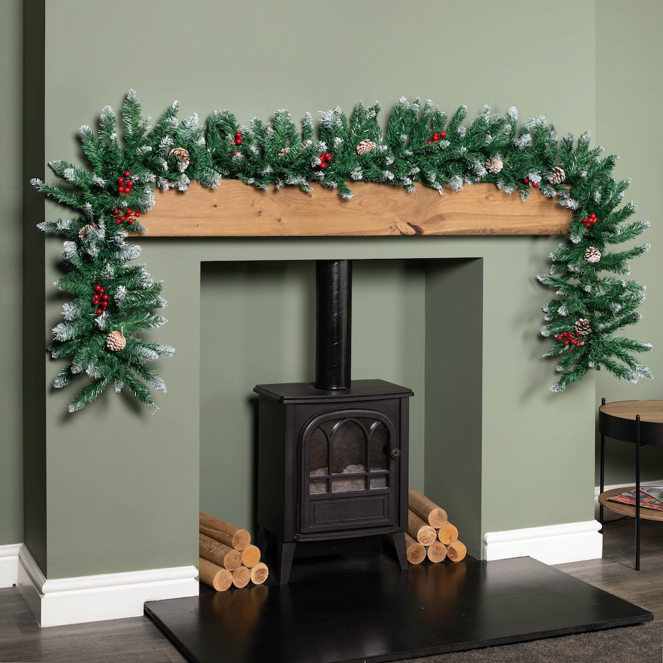 image 1 of 2.7m Snow Tipped Christmas Garland with Red Berries, Cones & Bullet Tips