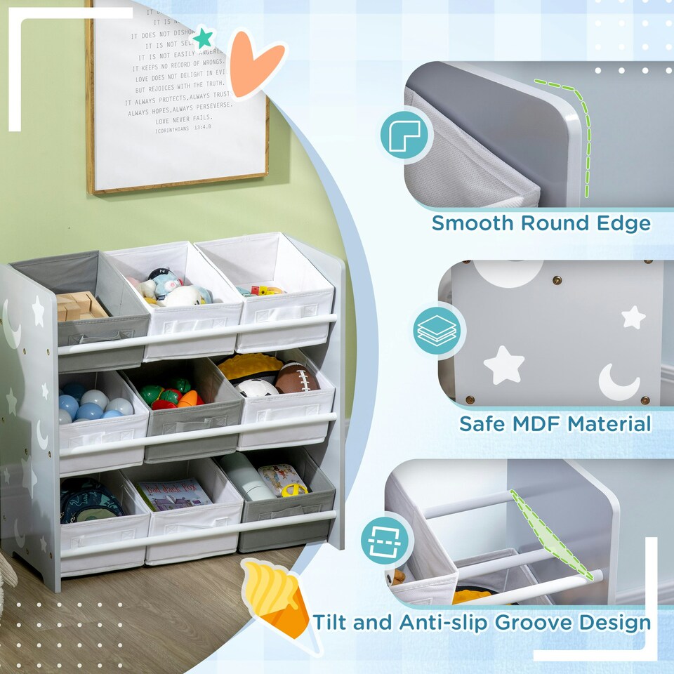 image 1 of ZONEKIZ Storage Unit w/ 9 Removable Storage Baskets for Nursery Playroom - Grey Grey