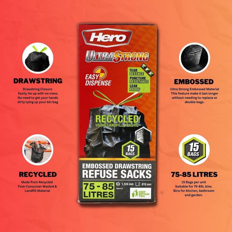 image 1 of Hero Ultra Strong Black Drawstring Bin Bags 75–85L – 15 Extra Thick Tear-Resistant Refuse Sacks | Recycled Plastic Bin Liners for Home, Office & Commercial Use | Black | 30