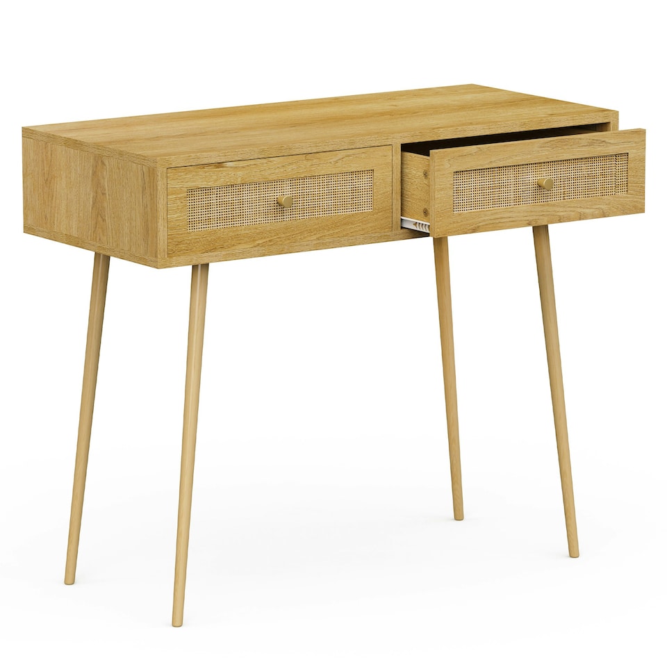image 1 of VonHaus Rattan Dressing Table with 2 Drawers