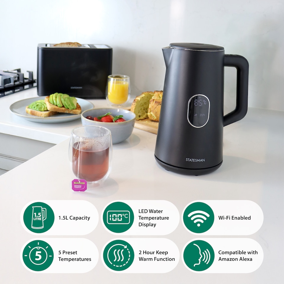 image 1 of Statesman 1.5L Smart Digital Kettle, 1800W Fast Boil, Temperature Control with Display, 5 Preset Settings, 2-Hour Keep Warm, App & Alexa Control, 360 Cordless Base, Boil Dry Protection