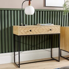 Console Table 2 Drawers Aztec Design Oak Effect Metal Legs Hallway Storage Unit
